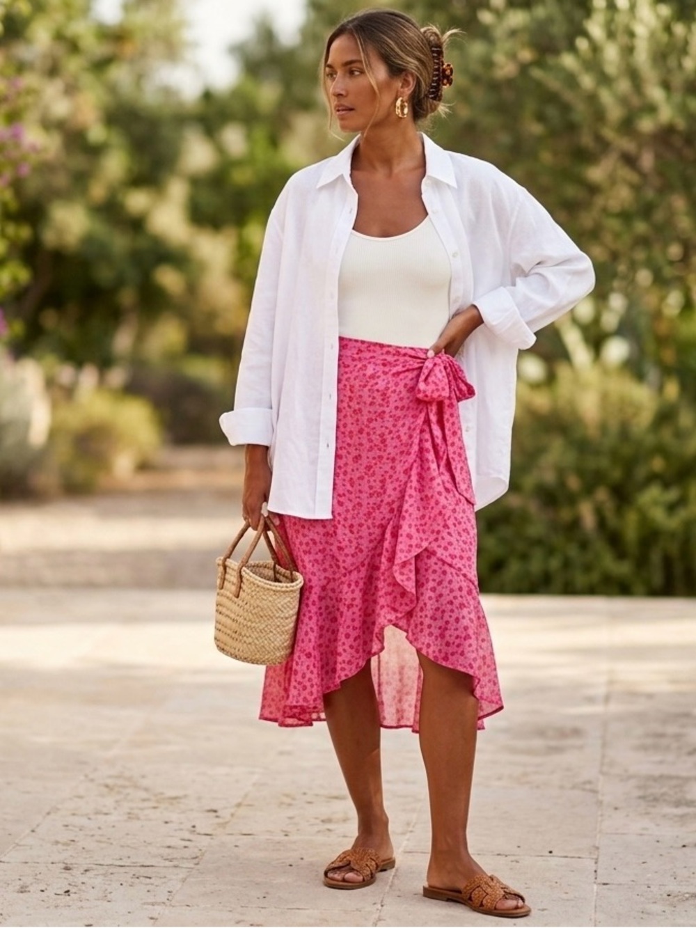 Floral Pink High-Low Wrap Skirt with Side Tie
